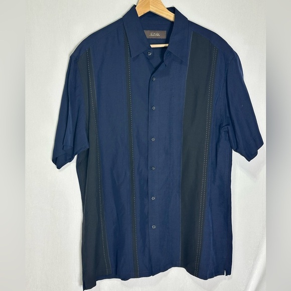 Tasso Elba navy and black Silk and Linen short sleeve shirt - Large - Picture 1 of 4